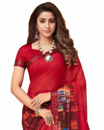 MGC Georgette Red colour saree with blouse piece SP908