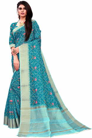 MGC Banarasi Linen Turquoise coloue sarees with blouse piece SP342