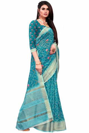 MGC Banarasi Linen Turquoise coloue sarees with blouse piece SP342