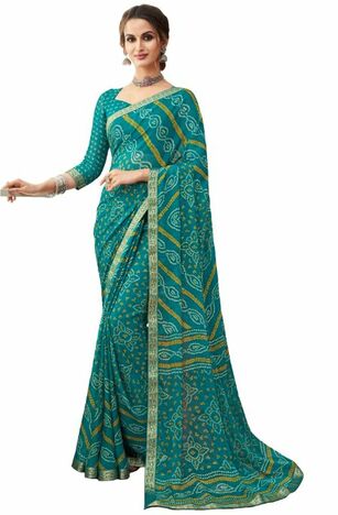 Chiffon Turquoise Color Saree With Blouse Piece by MGC