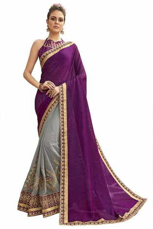 MGC Chanderi Silk & Georgette Grey & Purple colour saree with blouse piece SP790
