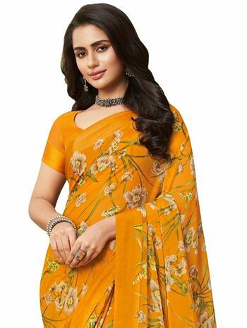 MGC Chiffon Yellow colour saree with blouse piece SP969