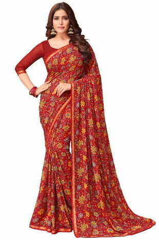 Georgette Red Color Saree With Blouse Piece by MGC