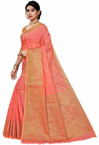 MGC Cotton Jacquard Peach Colour Saree With Blouse Piece SP400