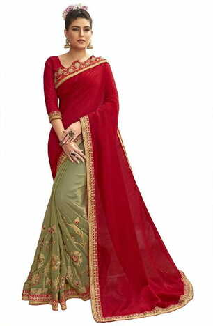 MGC Chanderi Silk & Georgette Green & Red colour saree with blouse piece SP789