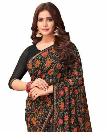 Georgette Black Color Saree With Blouse Piece by MGC