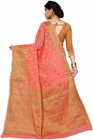 MGC Cotton Jacquard Peach Colour Saree With Blouse Piece SP400