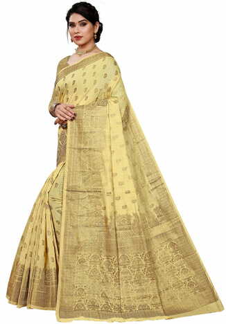 MGC Cotton Jacquard Beige Colour Saree With Blouse Piece SP401