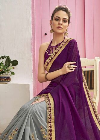 MGC Chanderi Silk & Georgette Grey & Purple colour saree with blouse piece SP790