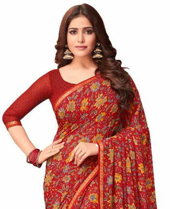 Georgette Red Color Saree With Blouse Piece by MGC