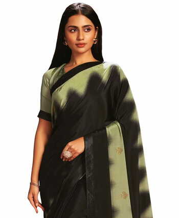 MGC CREPE Sea Green and Black colour saree with blouse piece SP1034