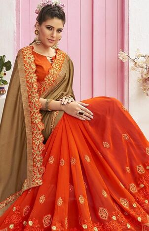 MGC Chanderi Silk & Georgette Orange & Brown colour saree with blouse piece SP792