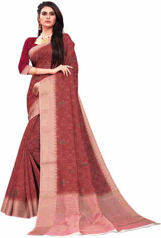 MGC Banarasi Linen Maroon coloue sarees with blouse piece SP341