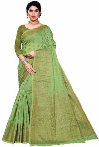 MGC Cotton Jacquard Green Colour Saree With Blouse Piece SP403