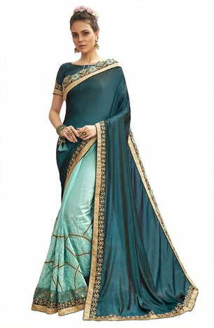 MGC Chanderi Silk & Georgette Sky Blue & Teal colour saree with blouse piece SP793