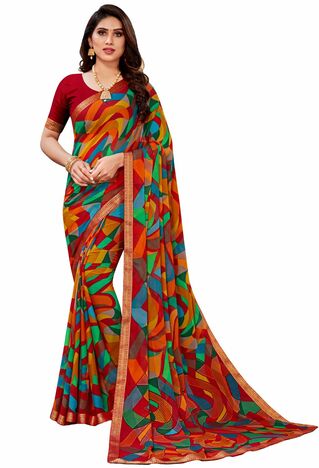 MGC Chiffon Red colour saree with blouse piece SP976