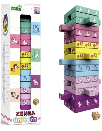 MGC Wowee Unicorn Zenga Wooden Blocks 54 Pcs Challenging Color Wooden Tumbling Tower, Wooden Zenga Unicorn Toys With Dices Board Educational Puzzle Game For Adults And Kids.