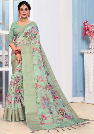 MGC Linen Green Colour Saree With Blouse Piece Sp595