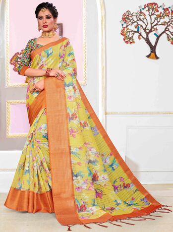 MGC Linen Mustard Colour Saree With Blouse Piece Sp596