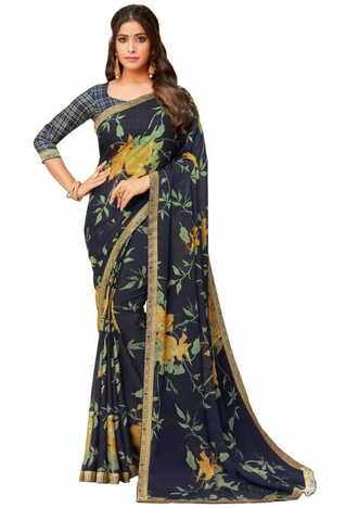 Georgette Navy Blue Color Saree With Blouse Piece by MGC