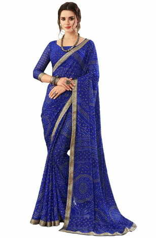 Chiffon Blue Color Saree With Blouse Piece by MGC