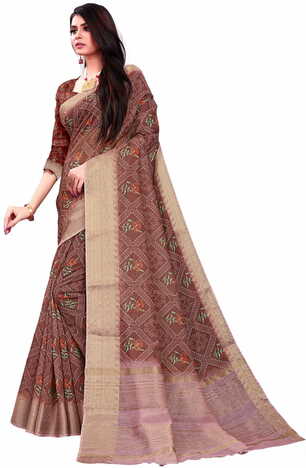 MGC Banarasi Linen Brown coloue sarees with blouse piece SP346