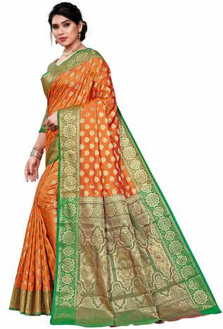 MGC Jacquard Silk Orange Colour Saree With Blouse Piece SP408