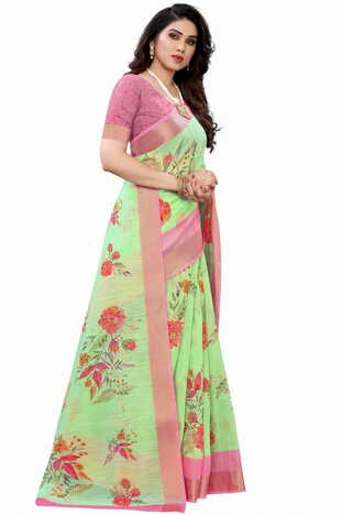 MGC Linen Green Colour Saree With Blouse Piece Sp591