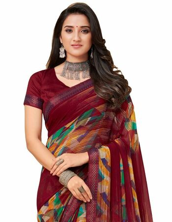 MGC Georgette Maroon colour saree with blouse piece SP913