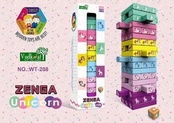 MGC Wowee Unicorn Zenga Wooden Blocks 54 Pcs Challenging Color Wooden Tumbling Tower, Wooden Zenga Unicorn Toys With Dices Board Educational Puzzle Game For Adults And Kids.