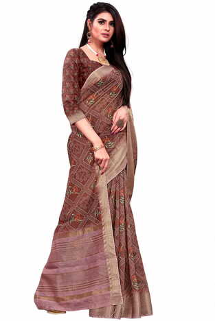MGC Banarasi Linen Brown coloue sarees with blouse piece SP346