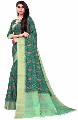 MGC Banarasi Linen Green coloue sarees with blouse piece SP347