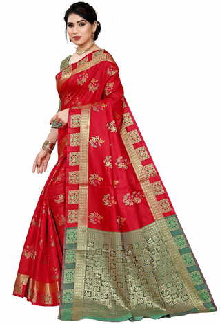 MGC Jacquard Silk Maroon Colour Saree With Blouse Piece SP410