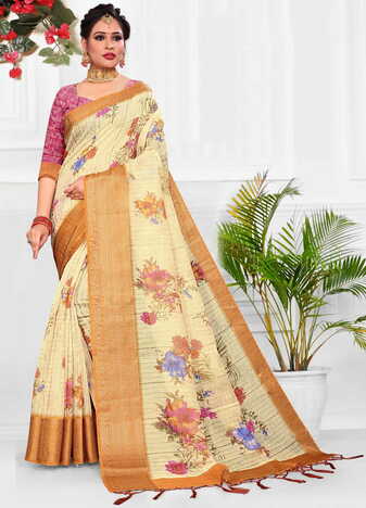 MGC Linen Yellow Colour Saree With Blouse Piece Sp592