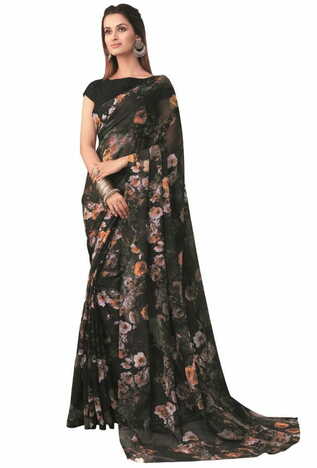 Georgette Black Color Saree With Blouse Piece by MGC