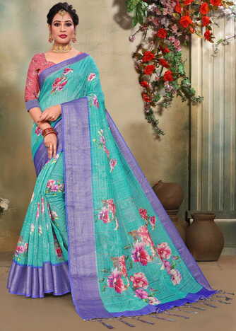 MGC Linen Turquoise Colour Saree With Blouse Piece Sp593