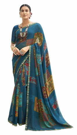 MGC Pure Georgette Blue  colour saree with blouse piece SP802