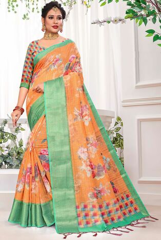 MGC Linen Orange Colour Saree With Blouse Piece Sp594