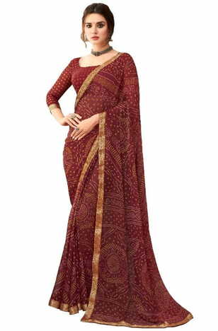 Chiffon Maroon Color Saree With Blouse Piece by MGC