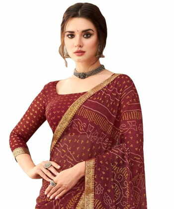 Chiffon Maroon Color Saree With Blouse Piece by MGC