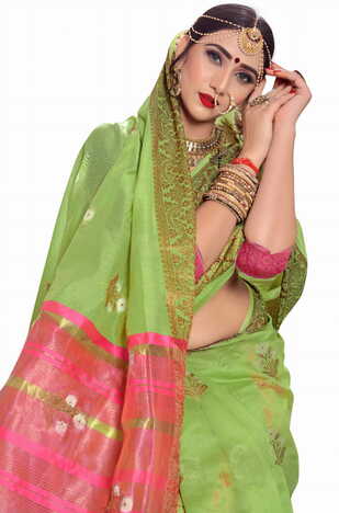 MGC Cotton Silk Green Colour saree with blouse Piece SP268