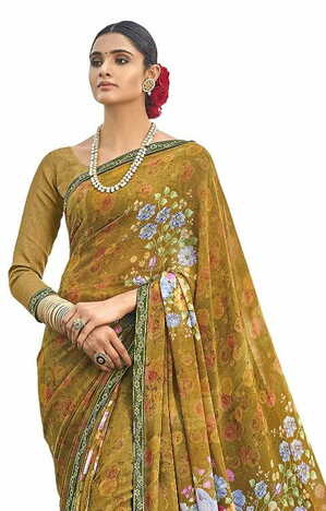 MGC Pure Georgette Gold  colour saree with blouse piece SP807