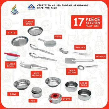 MGC Ratna's BABAY My Kitchen Set for Mini Stainless Steel Utensil Non Toxic Indian Kitchen Set Great Kitchen Toy for Girls