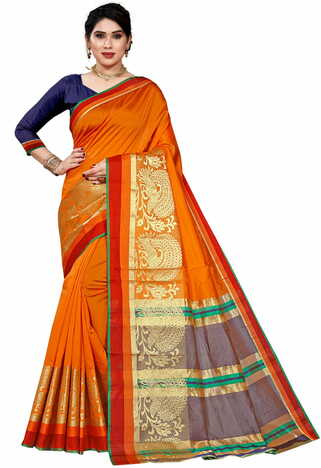 MGC Silk Jacquard Orange Colour Saree With Blouse Piece SP416