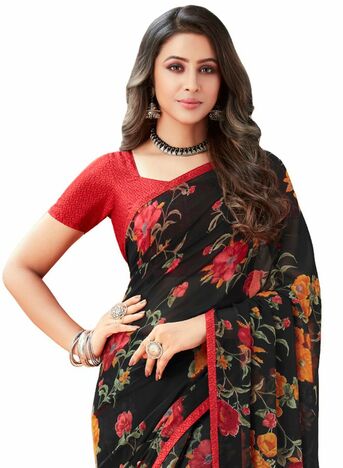 MGC Georgette Black colour saree with blouse piece SP920