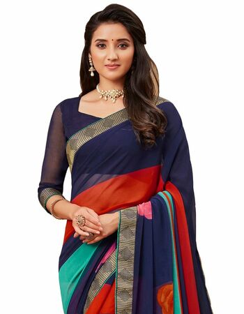 MGC Georgette Navy Blue colour saree with blouse piece SP984