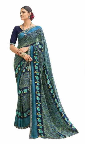 MGC Pure Georgette Cyan colour saree with blouse piece SP804