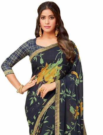 Georgette Navy Blue Color Saree With Blouse Piece by MGC