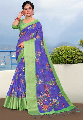 MGC Linen Blue Colour Saree With Blouse Piece Sp597