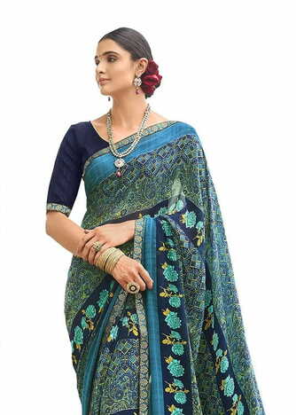 MGC Pure Georgette Cyan colour saree with blouse piece SP804